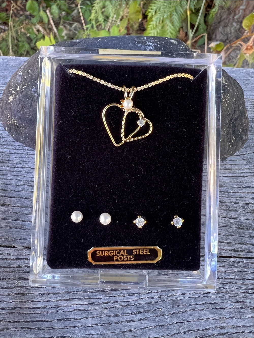 Gold Double Heart Pendant Necklace with Pearl & Stud Earring Set